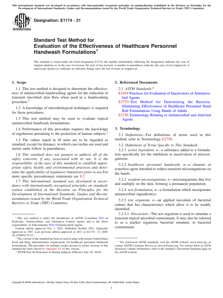 ASTM E1174-21 - Standard Test Method for  Evaluation of the Effectiveness of Healthcare Personnel Handwash  Formulations