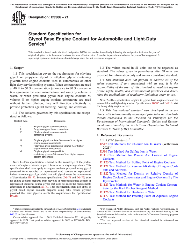 ASTM D3306-21 - Standard Specification for Glycol Base Engine Coolant for Automobile and Light-Duty Service