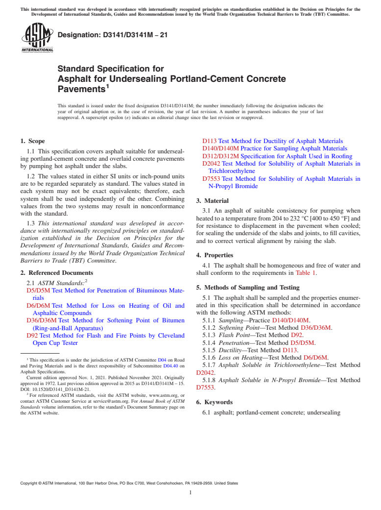 ASTM D3141/D3141M-21 - Standard Specification for Asphalt for Undersealing Portland-Cement Concrete Pavements