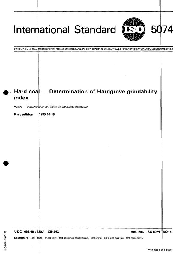ISO 5074:1980 - Hard coal -- Determination of Hardgrove grindability index