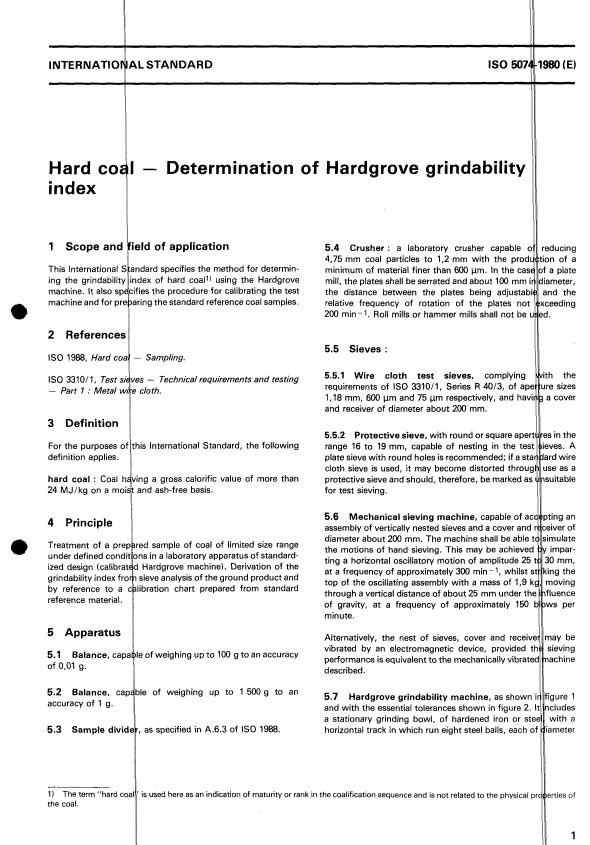 ISO 5074:1980 - Hard coal -- Determination of Hardgrove grindability index