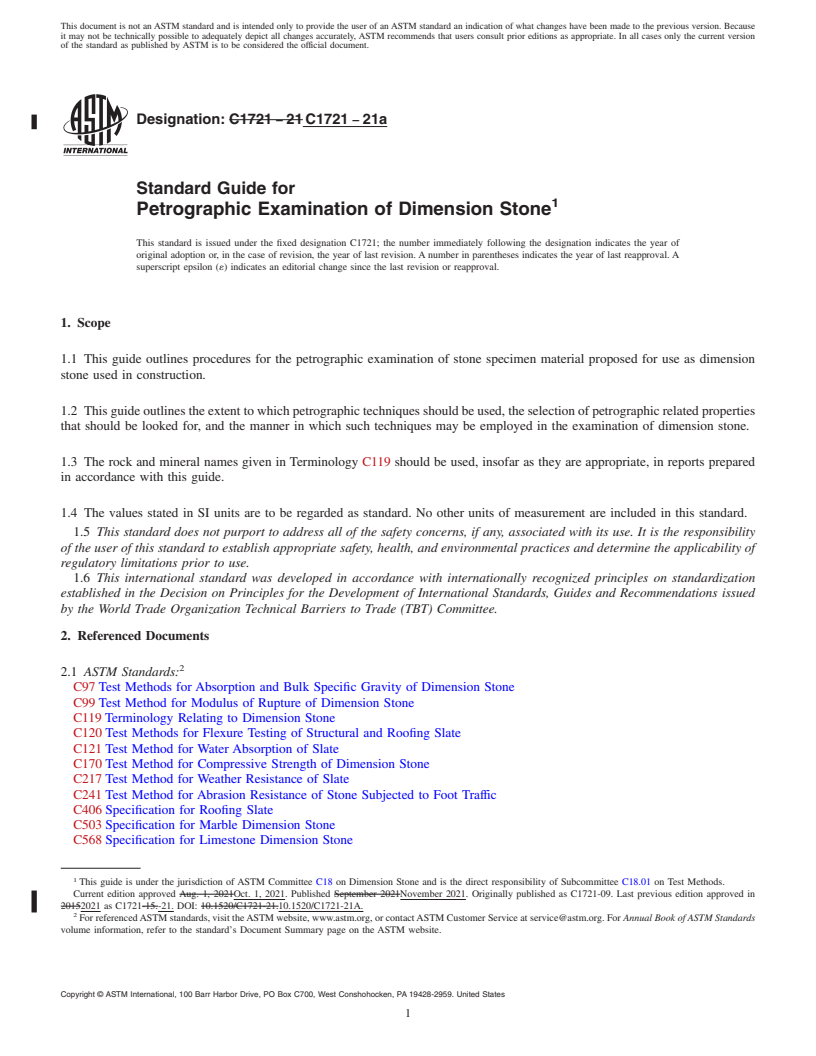 REDLINE ASTM C1721-21a - Standard Guide for  Petrographic Examination of Dimension Stone