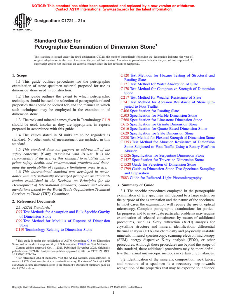 ASTM C1721-21a - Standard Guide for  Petrographic Examination of Dimension Stone