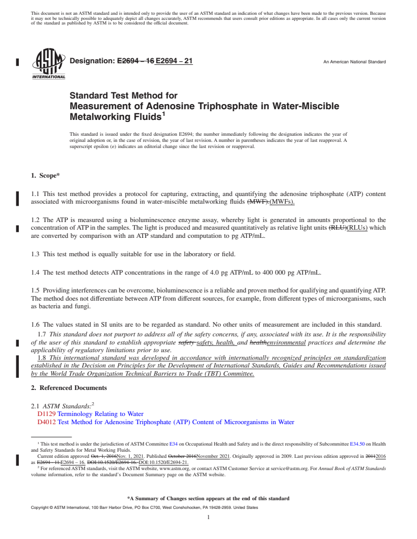 REDLINE ASTM E2694-21 - Standard Test Method for Measurement of Adenosine Triphosphate in Water-Miscible Metalworking  Fluids
