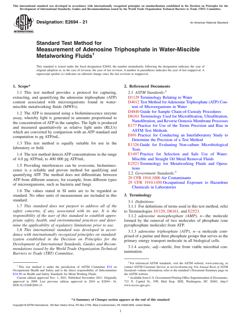ASTM E2694-21 - Standard Test Method for Measurement of Adenosine Triphosphate in Water-Miscible Metalworking  Fluids
