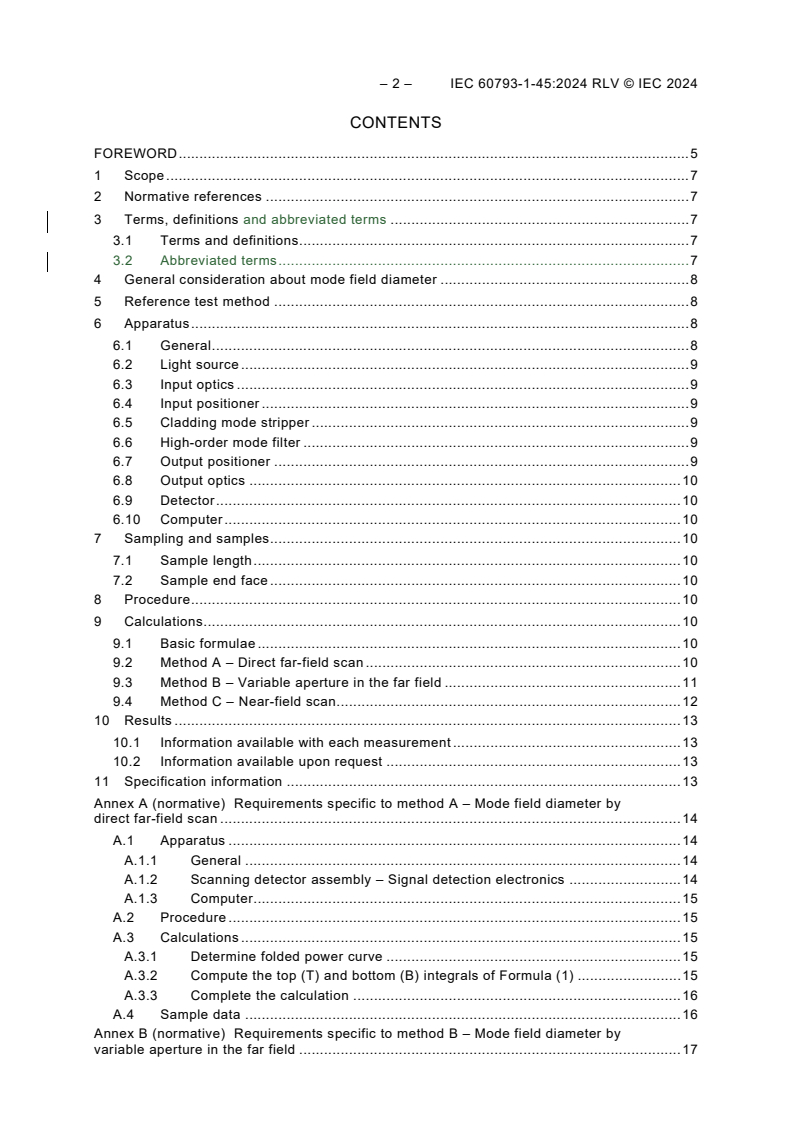 IEC 60793-1-45:2024 IEC 60793-1-45:2024 RLV - Optical fibres - Part 1-45: Measurement methods and test procedures - Mode field diameter
Released:4/19/2024
Isbn:9782832288122 - Page 4 preview