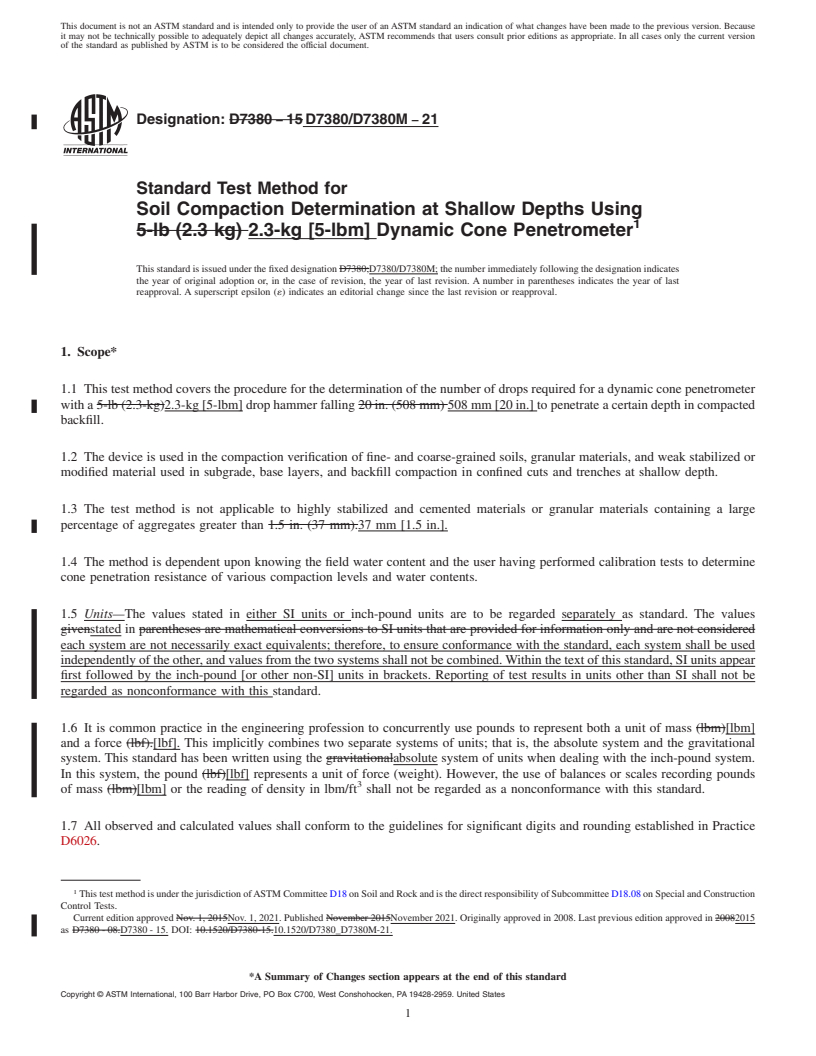 REDLINE ASTM D7380/D7380M-21 - Standard Test Method for  Soil Compaction Determination at Shallow Depths Using 2.3-kg  [5-lbm] Dynamic Cone Penetrometer