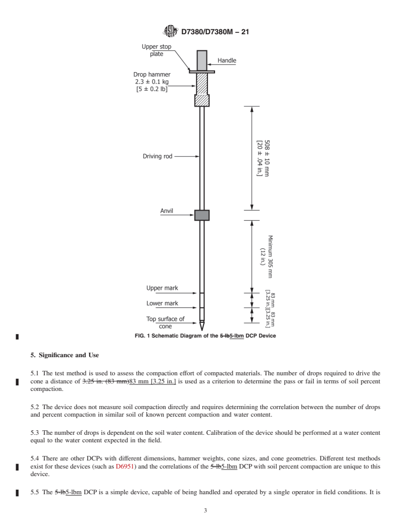 REDLINE ASTM D7380/D7380M-21 - Standard Test Method for  Soil Compaction Determination at Shallow Depths Using 2.3-kg  [5-lbm] Dynamic Cone Penetrometer