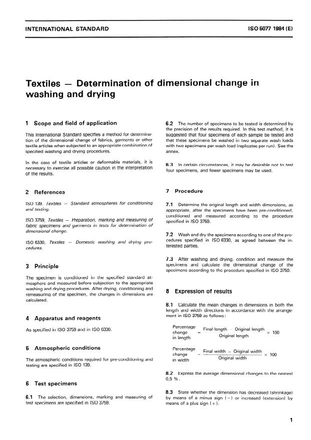 ISO 5077:1984 - Textiles -- Determination of dimensional change in washing and drying