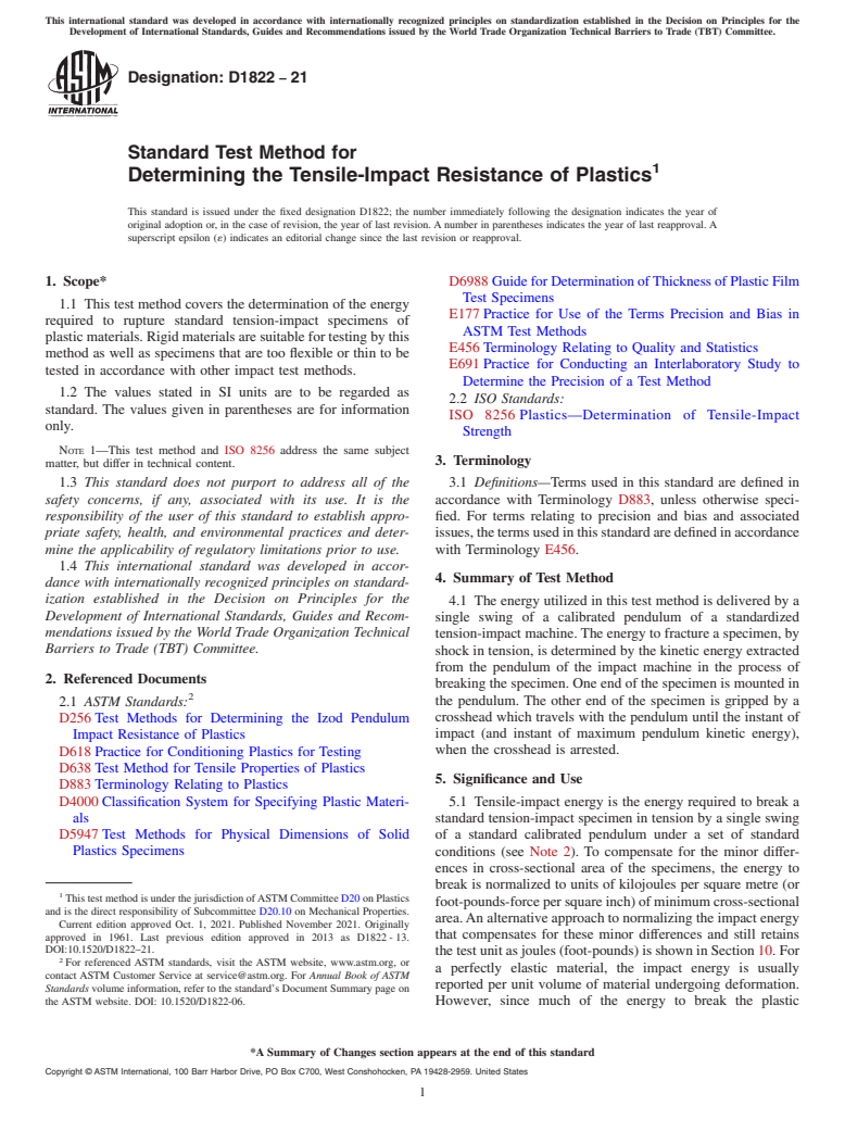 ASTM D1822-21 - Standard Test Method for  Determining the Tensile-Impact Resistance of Plastics