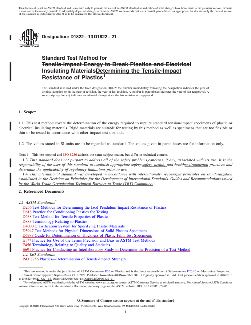 REDLINE ASTM D1822-21 - Standard Test Method for  Determining the Tensile-Impact Resistance of Plastics