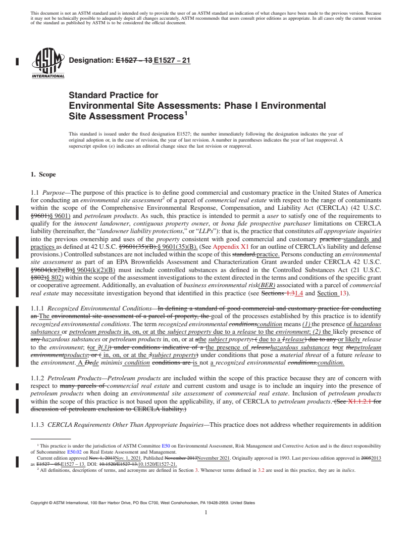 REDLINE ASTM E1527-21 - Standard Practice for Environmental Site Assessments: Phase I Environmental Site  Assessment Process