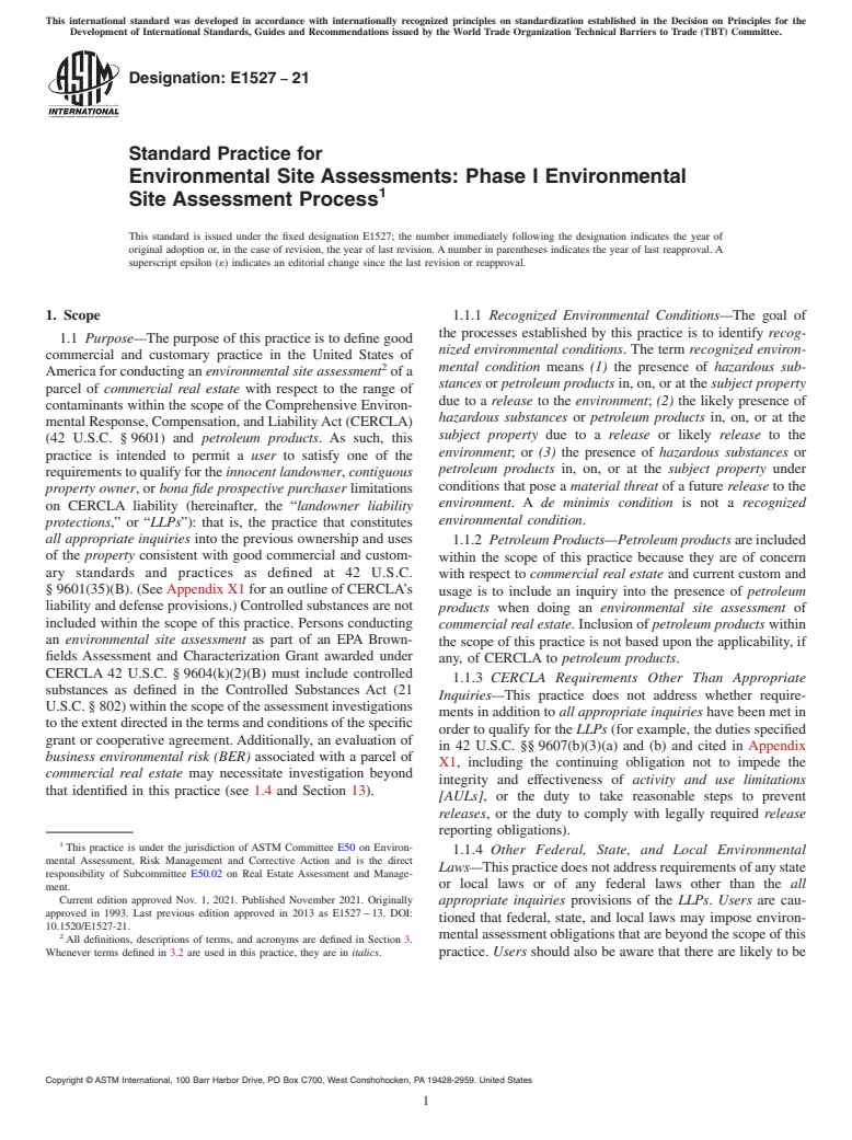 ASTM E1527-21 - Standard Practice for Environmental Site Assessments: Phase I Environmental Site  Assessment Process