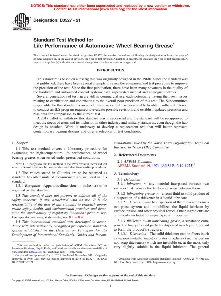 ASTM D3527-21 - Standard Test Method for  Life Performance of Automotive Wheel Bearing Grease