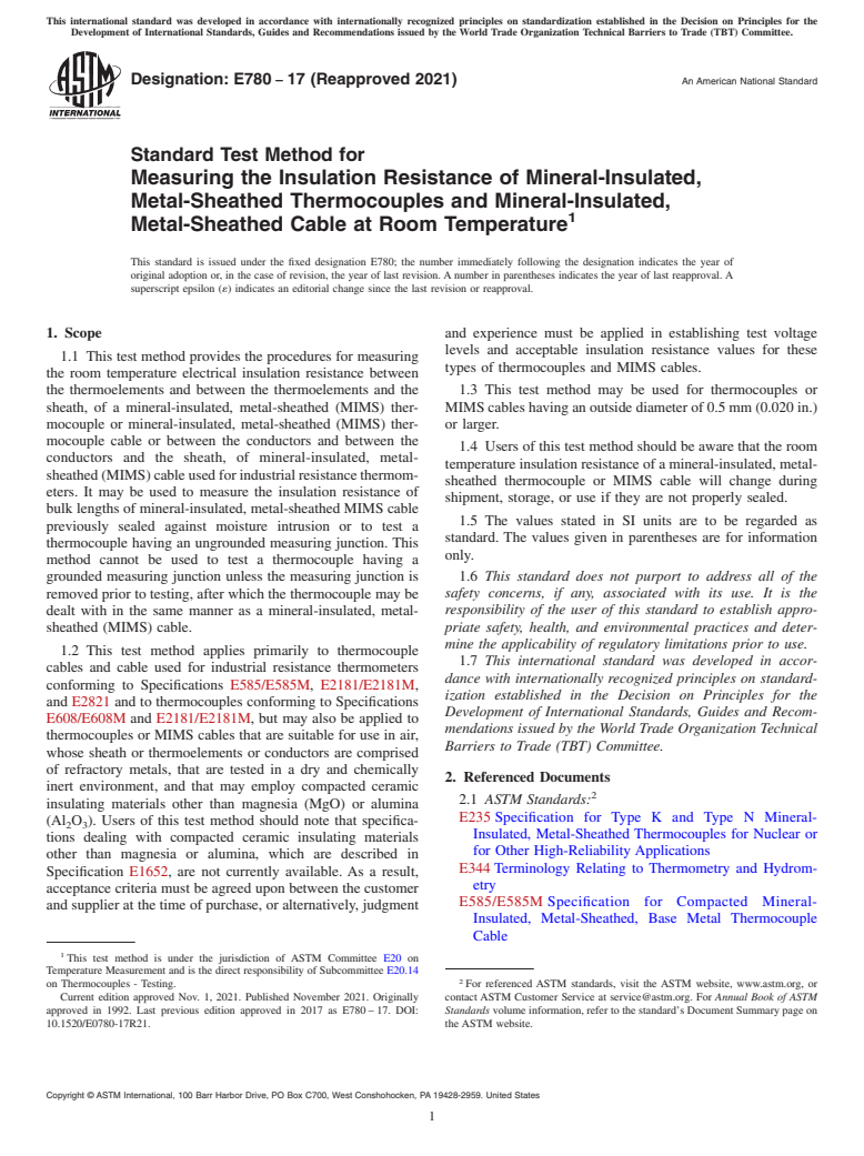 ASTM E780-17(2021) - Standard Test Method for  Measuring the Insulation Resistance of Mineral-Insulated, Metal-Sheathed  Thermocouples and Mineral-Insulated, Metal-Sheathed Cable at Room  Temperature