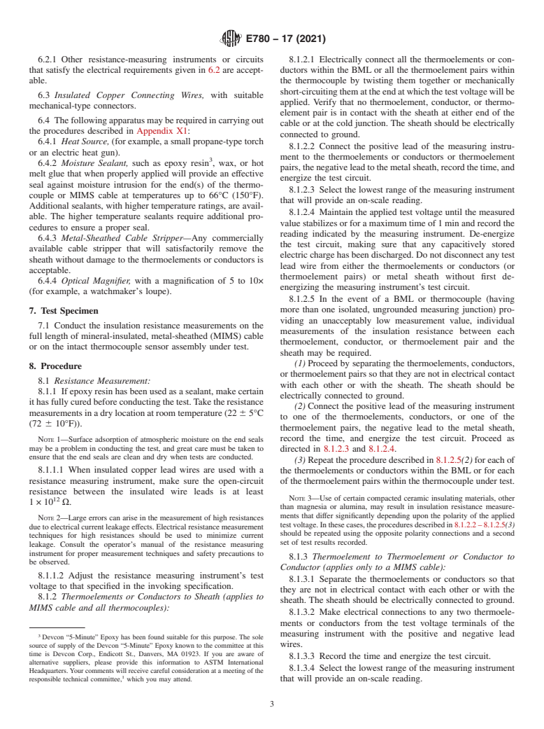 ASTM E780-17(2021) - Standard Test Method for  Measuring the Insulation Resistance of Mineral-Insulated, Metal-Sheathed  Thermocouples and Mineral-Insulated, Metal-Sheathed Cable at Room  Temperature