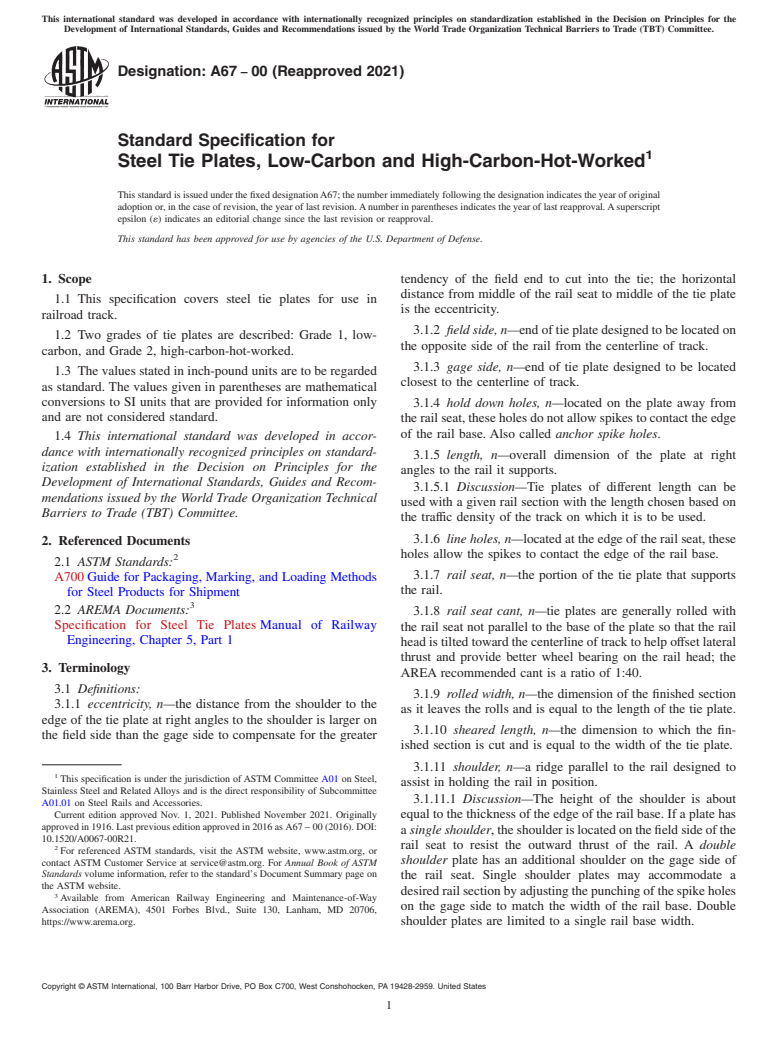 ASTM A67-00(2021) - Standard Specification for  Steel Tie Plates, Low-Carbon and High-Carbon-Hot-Worked