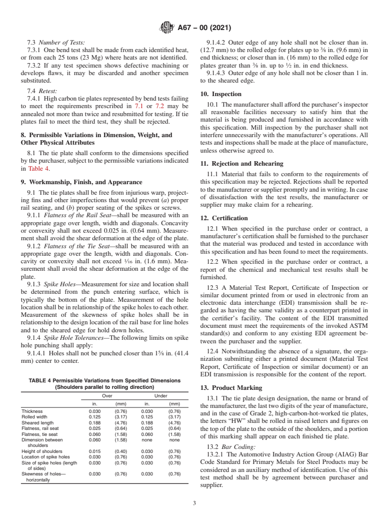 ASTM A67-00(2021) - Standard Specification for  Steel Tie Plates, Low-Carbon and High-Carbon-Hot-Worked