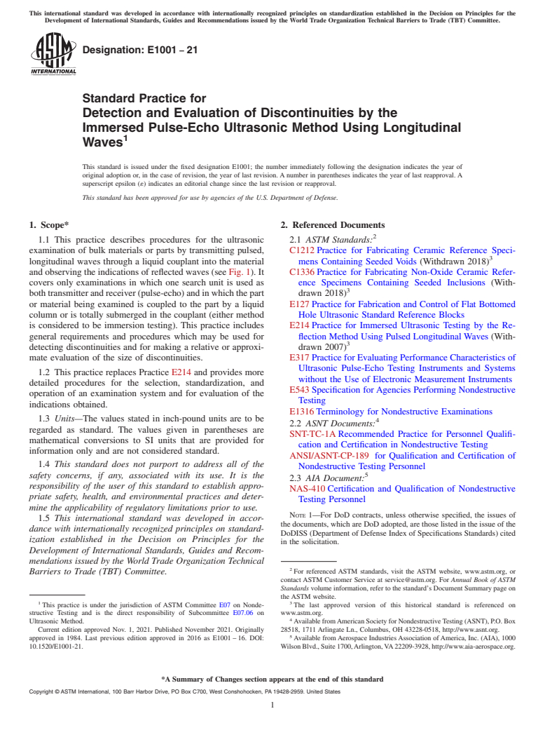 ASTM E1001-21 - Standard Practice for  Detection and Evaluation of Discontinuities by the Immersed  Pulse-Echo Ultrasonic Method Using Longitudinal Waves