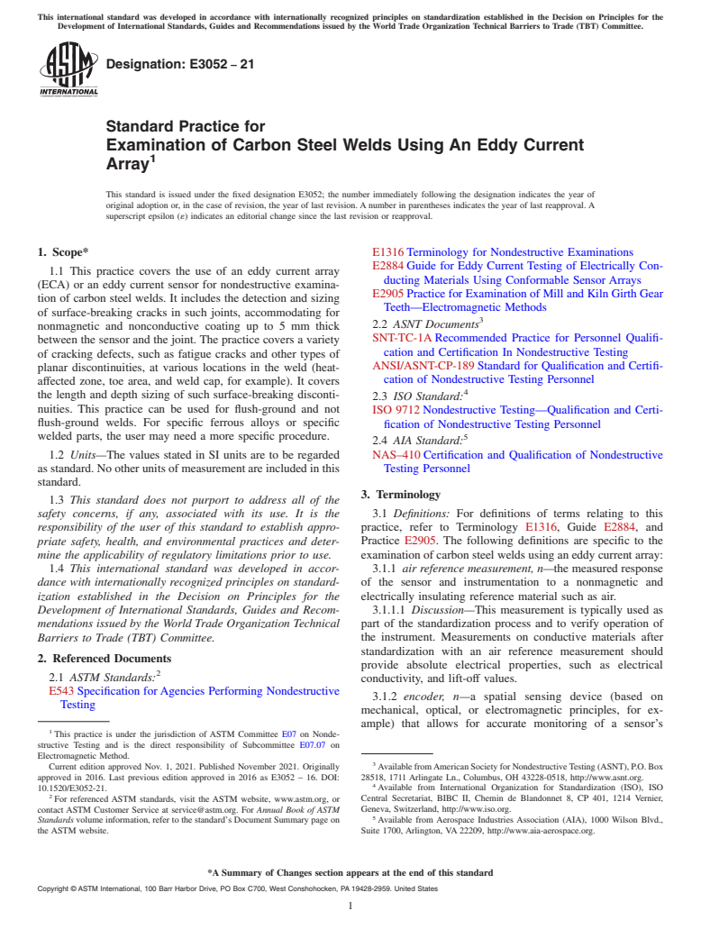 ASTM E3052-21 - Standard Practice for Examination of Carbon Steel Welds Using An Eddy Current Array