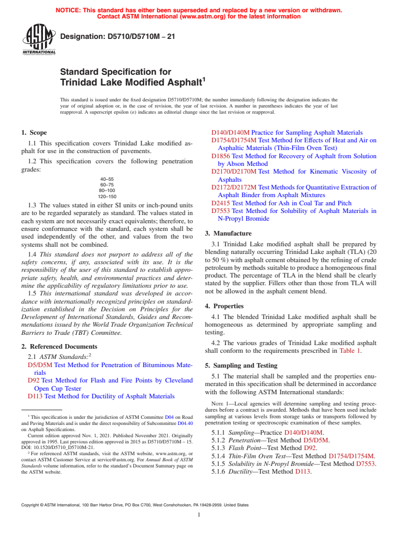 ASTM D5710/D5710M-21 - Standard Specification for Trinidad Lake Modified Asphalt