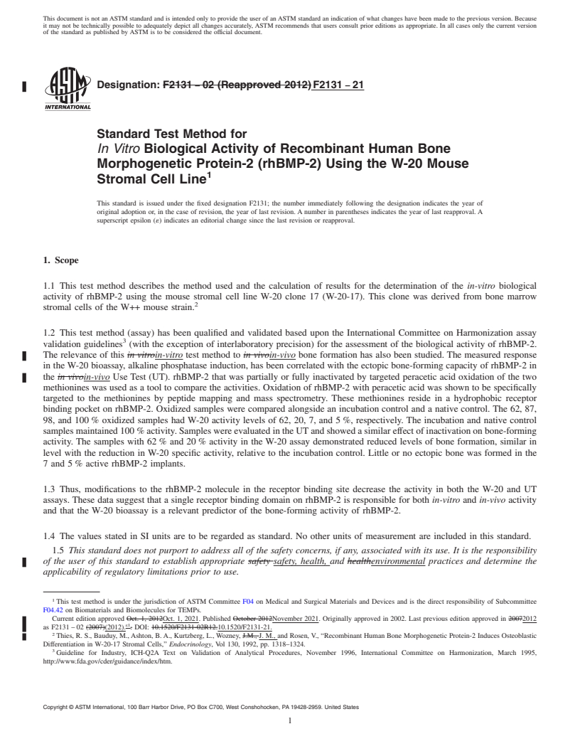 REDLINE ASTM F2131-21 - Standard Test Method for <emph type="ital"> In Vitro</emph> Biological Activity of Recombinant  Human Bone Morphogenetic Protein-2 (rhBMP-2) Using the W-20 Mouse  Stromal Cell Line