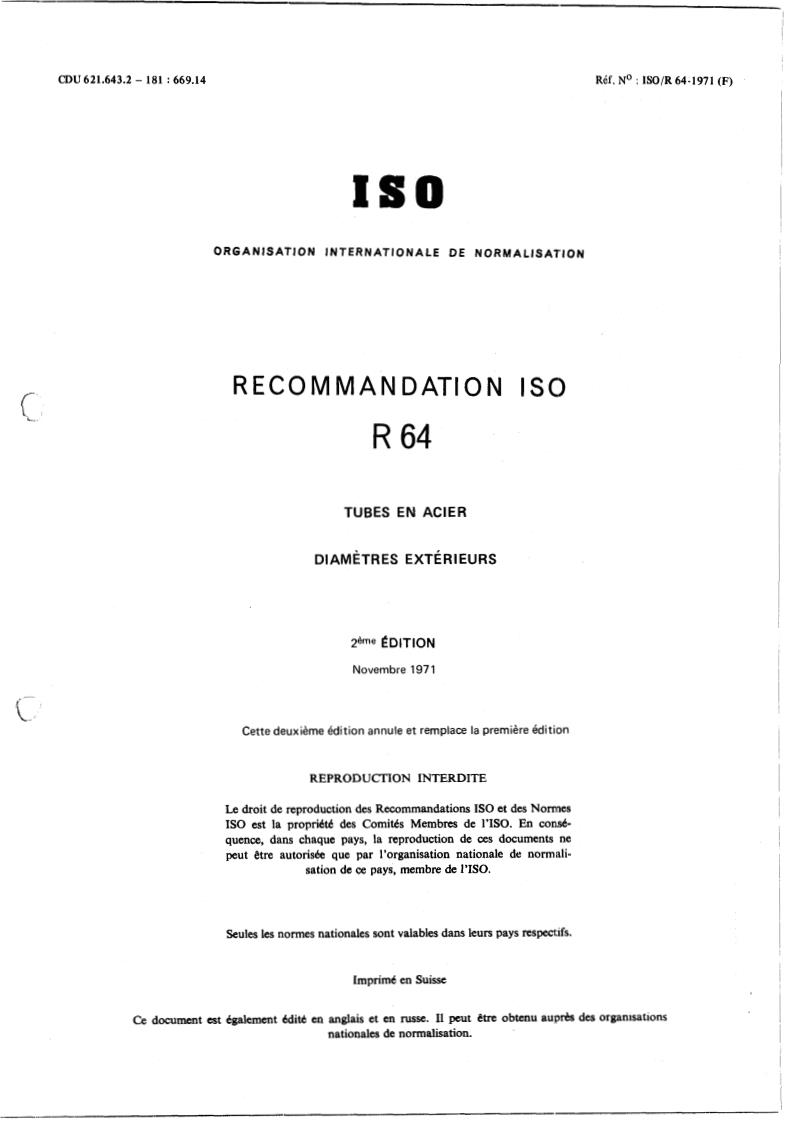 ISO/R 64:1971 - Title missing - Legacy paper document
Released:1/1/1971