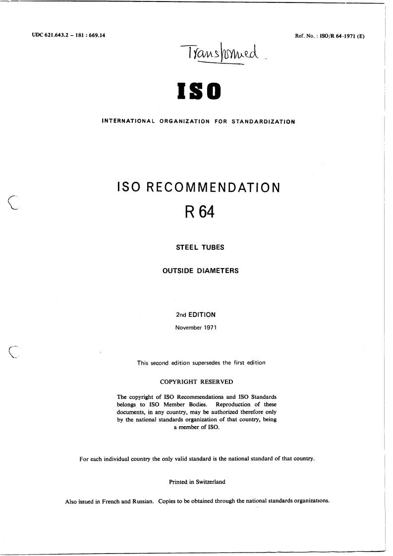 ISO/R 64:1971 - Title missing - Legacy paper document
Released:1/1/1971