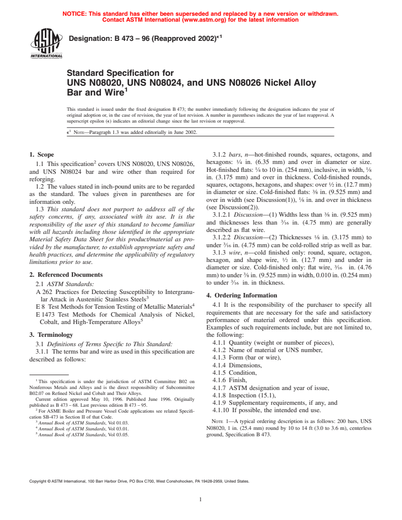 ASTM B473-96(2002)e1 - Standard Specification for UNS N08020, UNS N08024, and UNS N08026 Nickel Alloy Bar and Wire