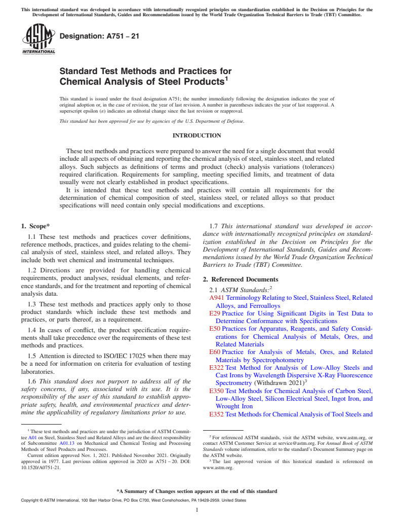 ASTM A751-21 - Standard Test Methods and Practices for Chemical Analysis of Steel Products