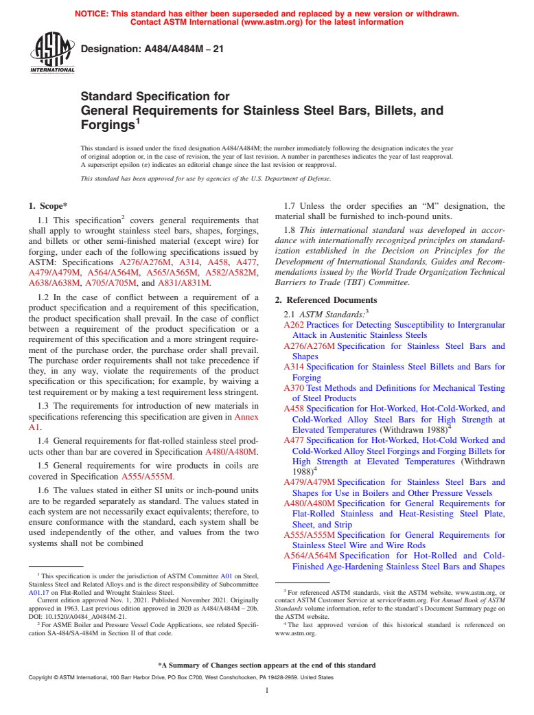 ASTM A484/A484M-21 - Standard Specification for  General Requirements for Stainless Steel Bars, Billets, and  Forgings