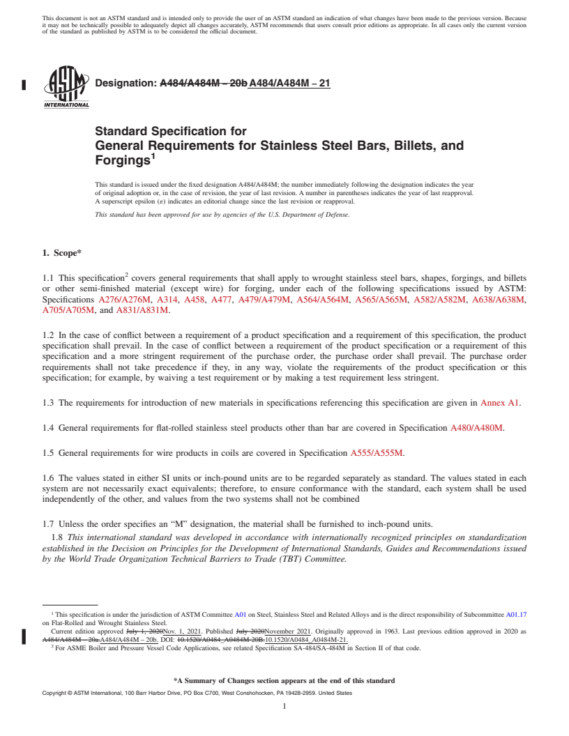 REDLINE ASTM A484/A484M-21 - Standard Specification for  General Requirements for Stainless Steel Bars, Billets, and  Forgings