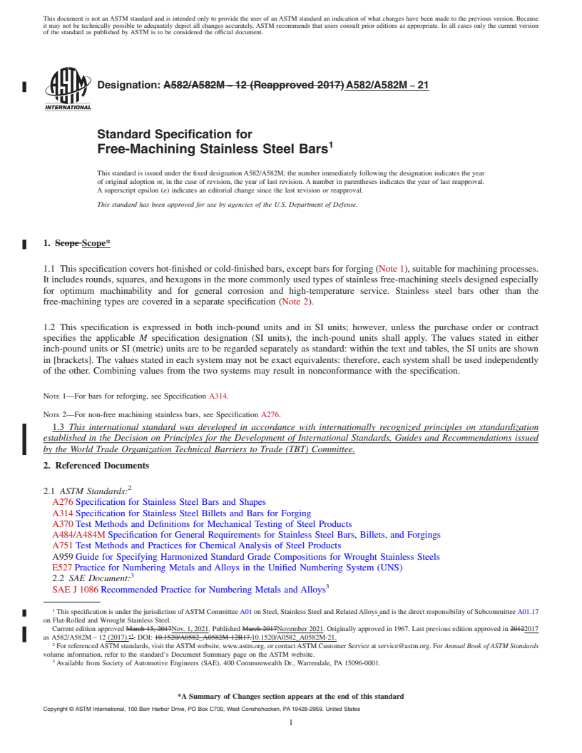 REDLINE ASTM A582/A582M-21 - Standard Specification for  Free-Machining Stainless Steel Bars