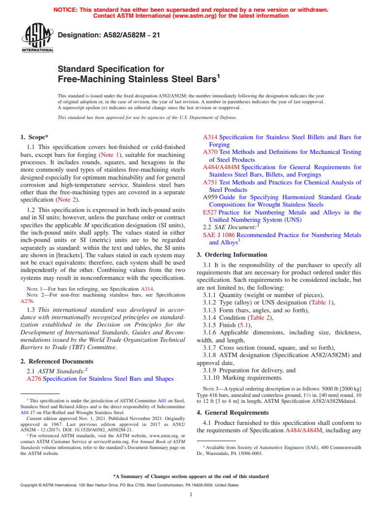 ASTM A582/A582M-21 - Standard Specification for  Free-Machining Stainless Steel Bars