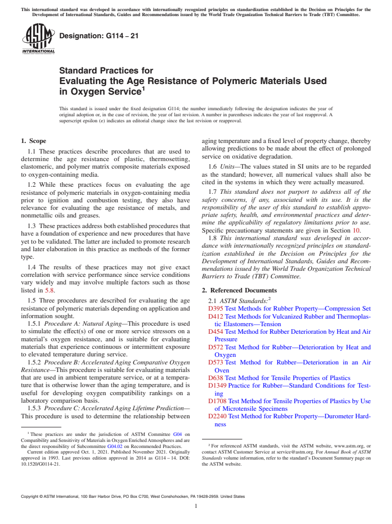 ASTM G114-21 - Standard Practices for  Evaluating the Age Resistance of Polymeric Materials Used in Oxygen  Service