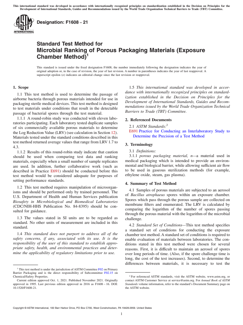 ASTM F1608-21 - Standard Test Method for  Microbial Ranking of Porous Packaging Materials (Exposure Chamber   Method)