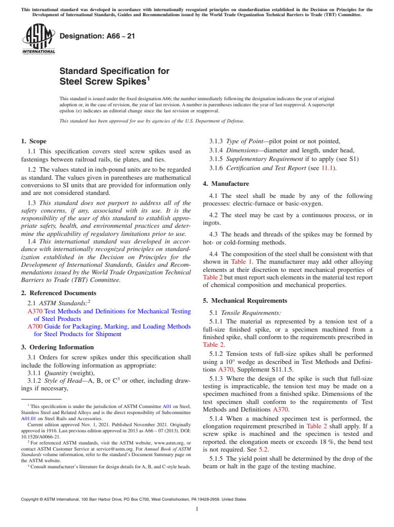 ASTM A66-21 - Standard Specification for  Steel Screw Spikes