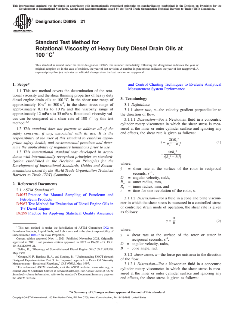 ASTM D6895-21 - Standard Test Method for  Rotational Viscosity of Heavy Duty Diesel Drain Oils at 100 °C