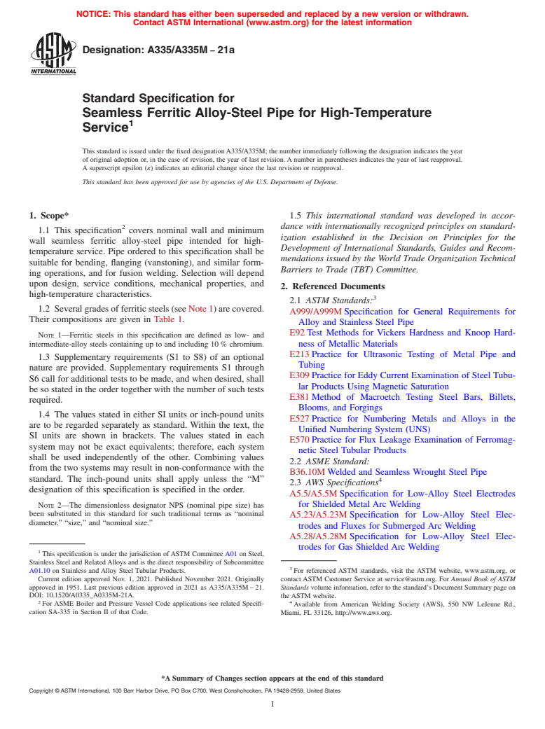 ASTM A335/A335M-21a - Standard Specification for  Seamless Ferritic Alloy-Steel Pipe for High-Temperature Service