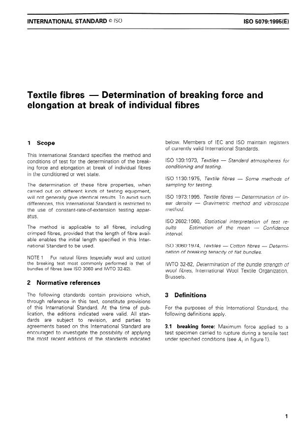 ISO 5079:1995 - Textile fibres -- Determination of breaking force and elongation at break of individual fibres