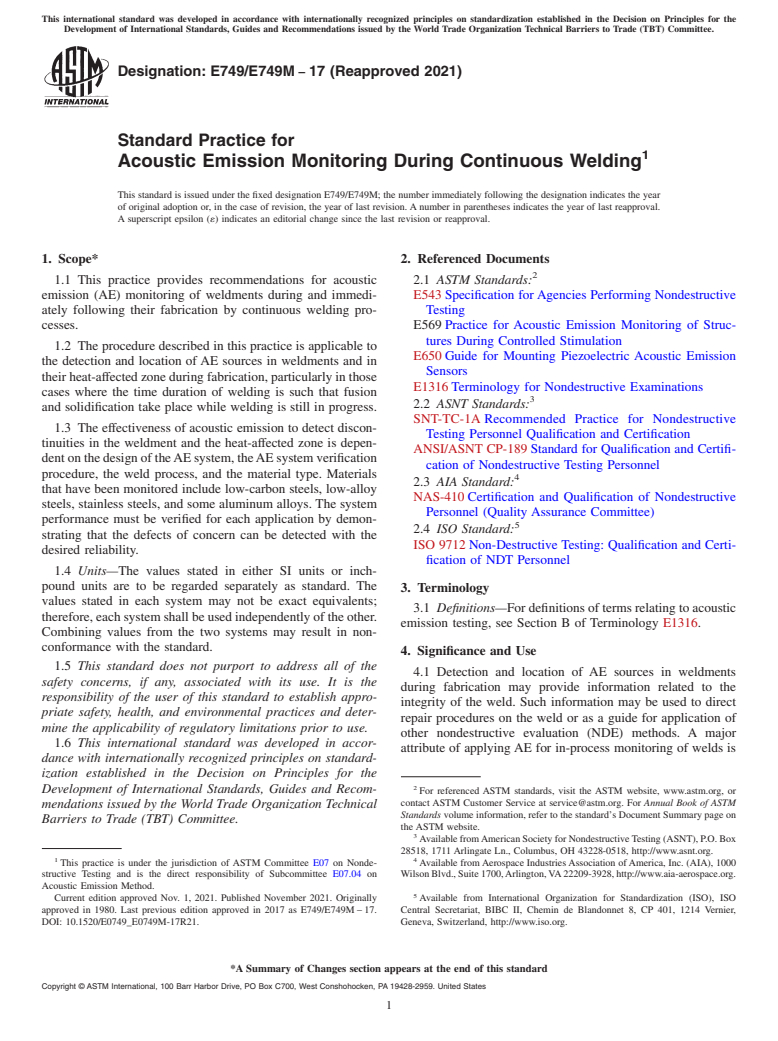 ASTM E749/E749M-17(2021) - Standard Practice for  Acoustic Emission Monitoring During Continuous Welding