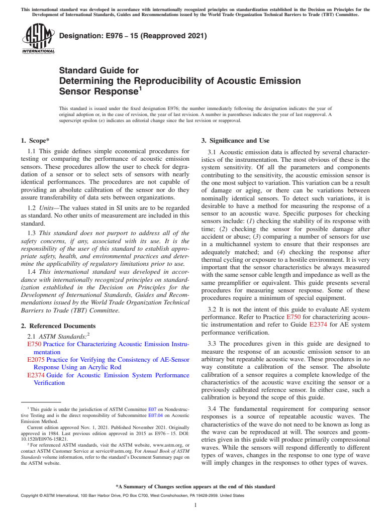 ASTM E976-15(2021) - Standard Guide for  Determining the Reproducibility of Acoustic Emission Sensor  Response