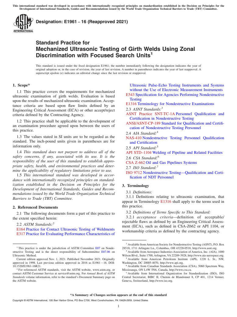 ASTM E1961-16(2021) - Standard Practice for  Mechanized Ultrasonic Testing of Girth Welds Using Zonal Discrimination  with Focused Search Units