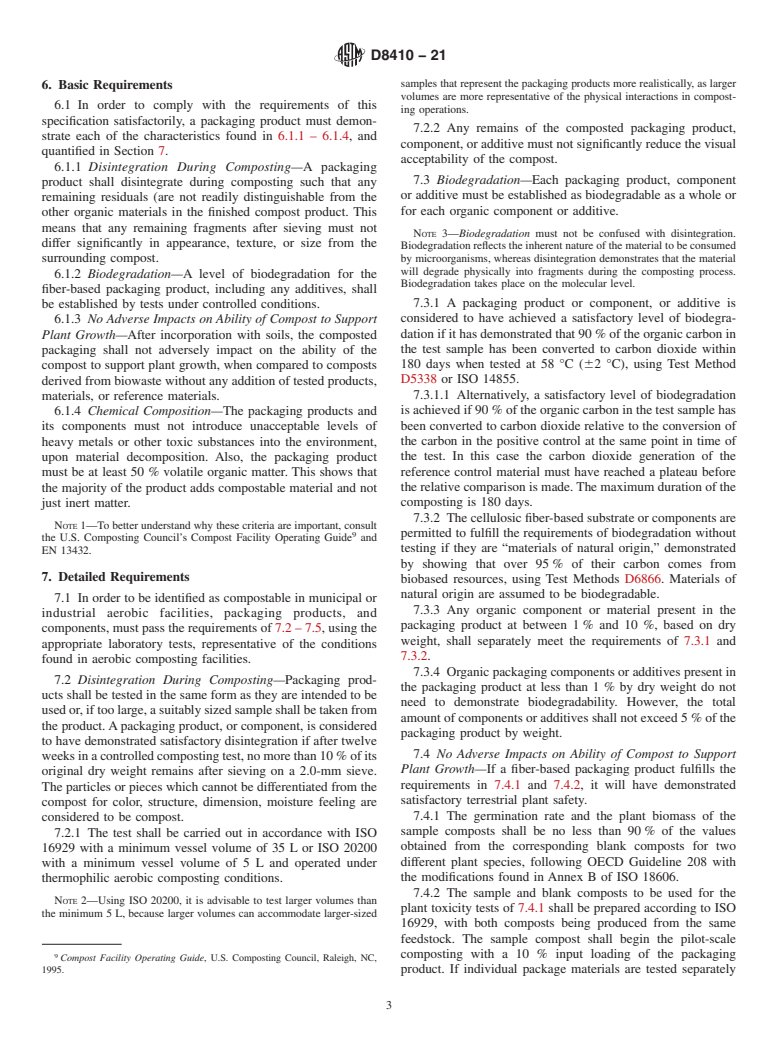 ASTM D8410-21 - Standard Specification for Evaluation of Cellulosic-Fiber-Based Packaging Materials and  Products for Compostability in Municipal or Industrial Aerobic Composting  Facilities