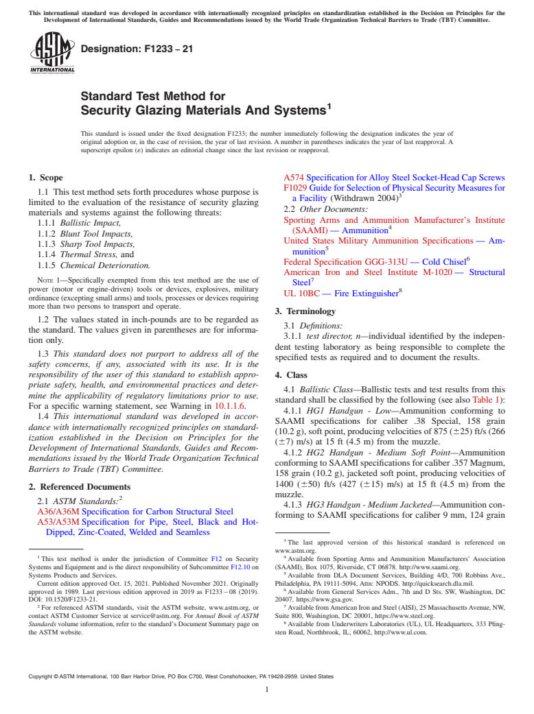 ASTM F1233-21 - Standard Test Method for  Security Glazing Materials And Systems