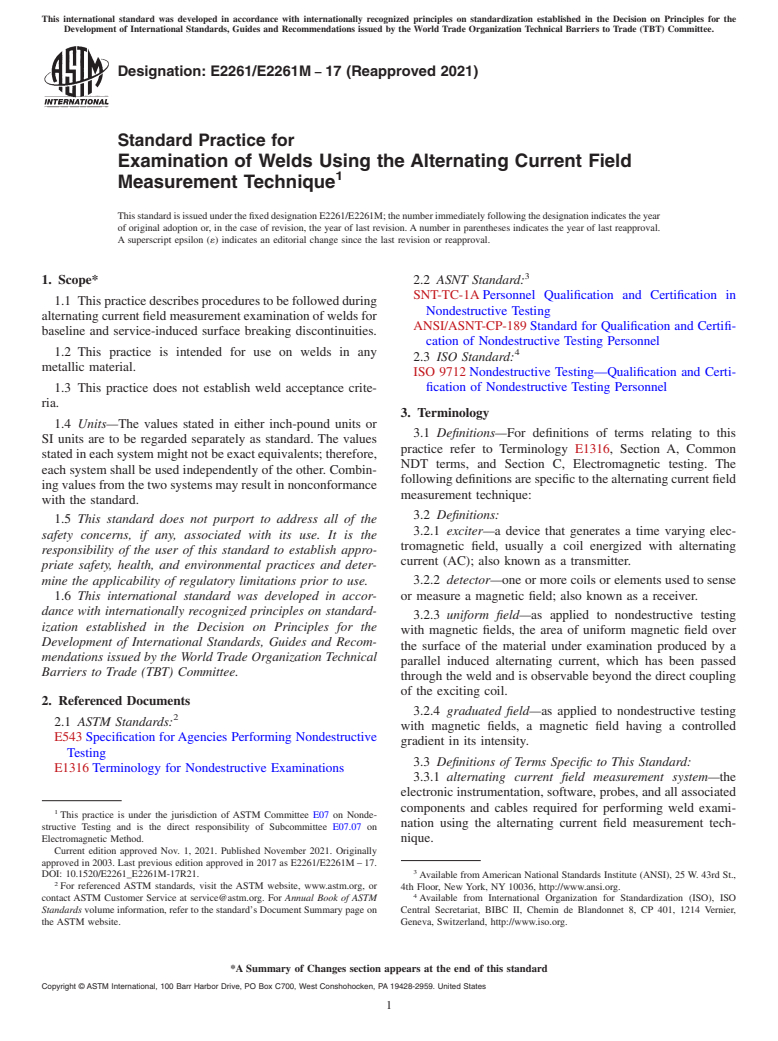 ASTM E2261/E2261M-17(2021) - Standard Practice for  Examination of Welds Using the Alternating Current Field Measurement  Technique