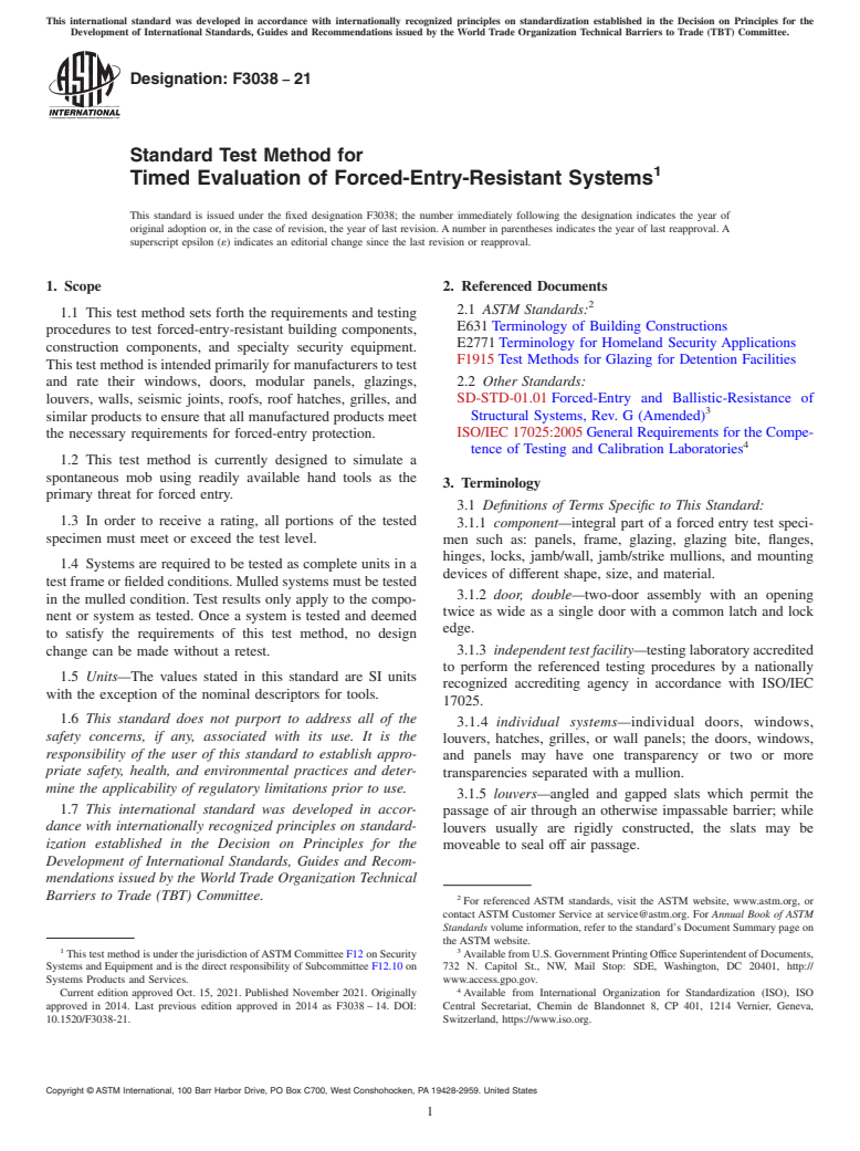 ASTM F3038-21 - Standard Test Method for Timed Evaluation of Forced-Entry-Resistant Systems
