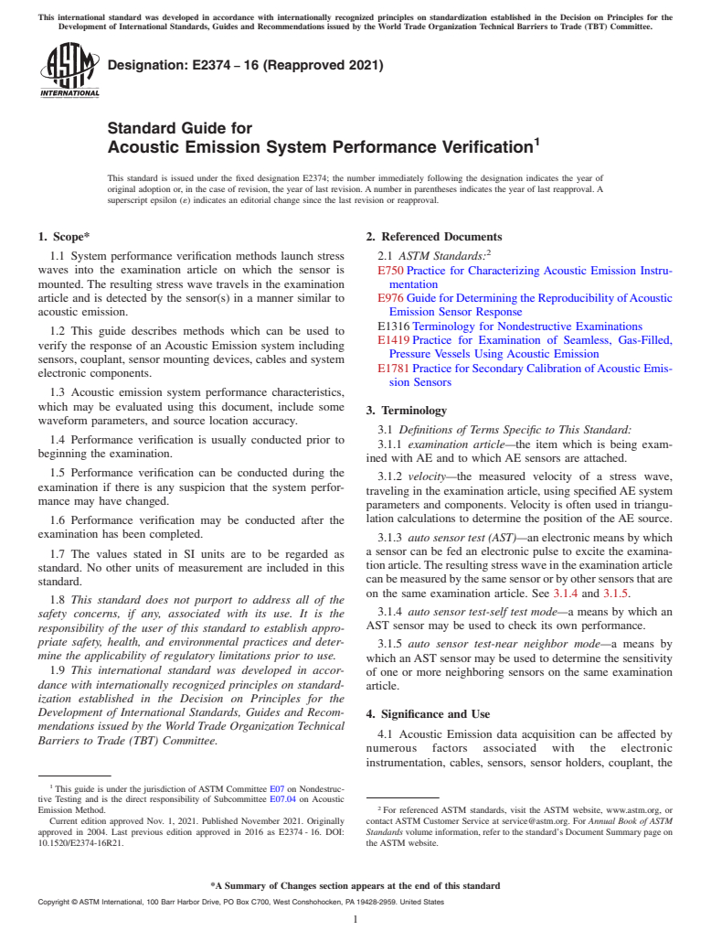 ASTM E2374-16(2021) - Standard Guide for  Acoustic Emission System Performance Verification