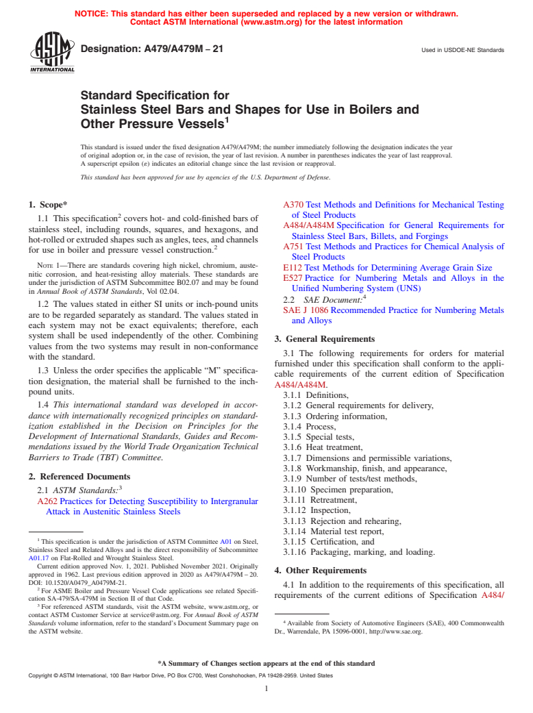 ASTM A479/A479M-21 - Standard Specification For Stainless Steel Bars ...