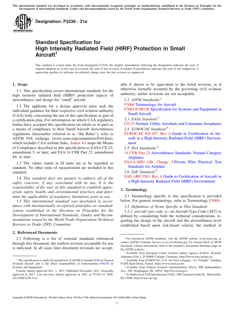 ASTM F3236-21a - Standard Specification for High Intensity Radiated Field (HIRF) Protection in Small Aircraft